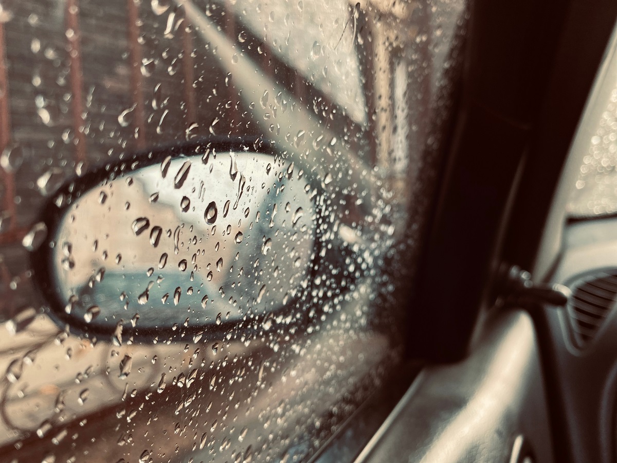 Rain on a car window.