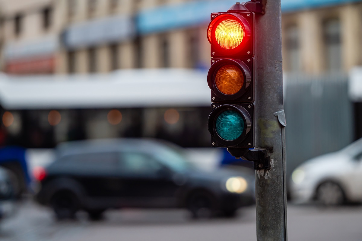 Close-up of a red traffic light.